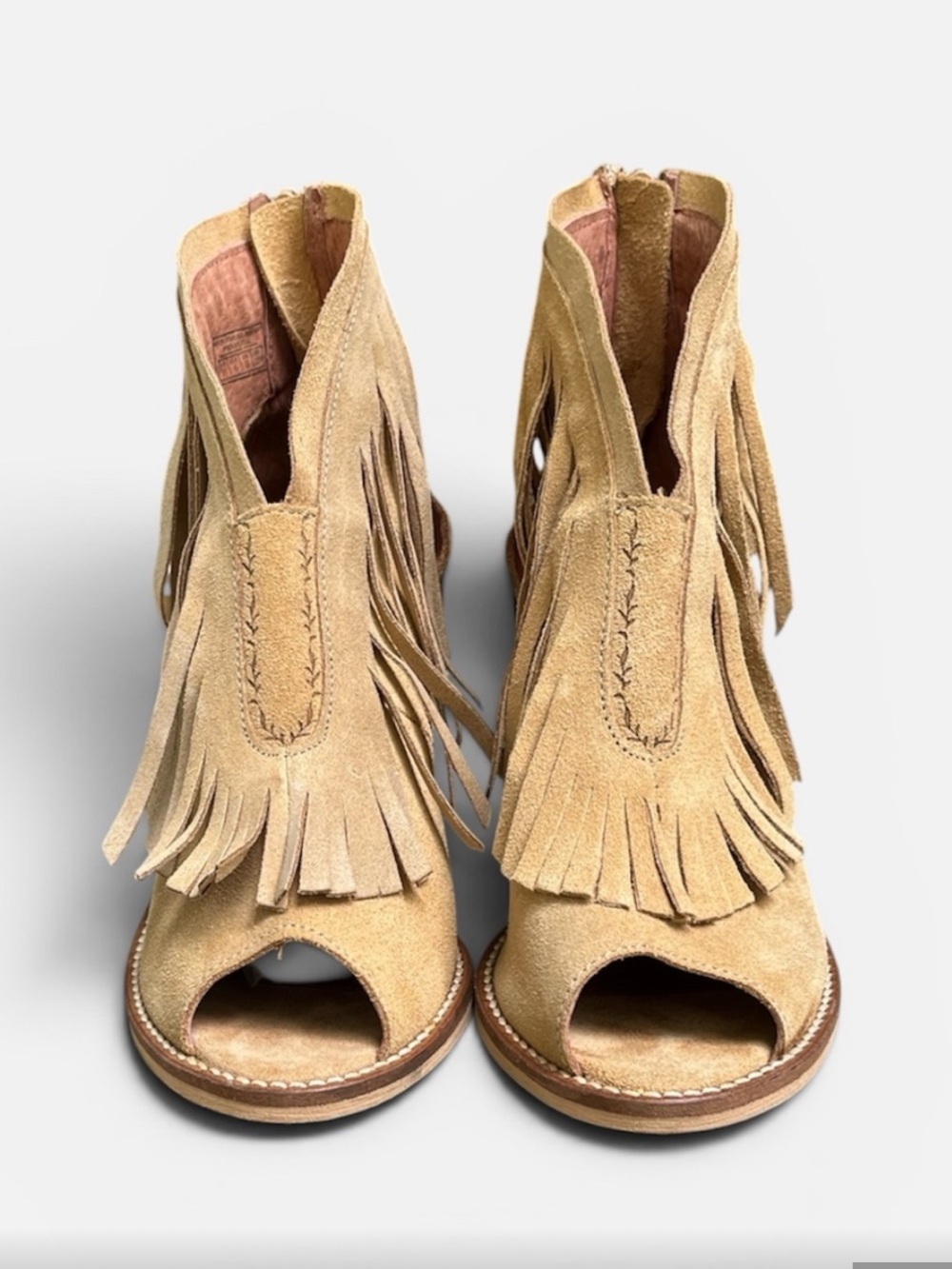 Musse & Cloud Mustard Suede Fringe Peep-Toe Ankle Booties